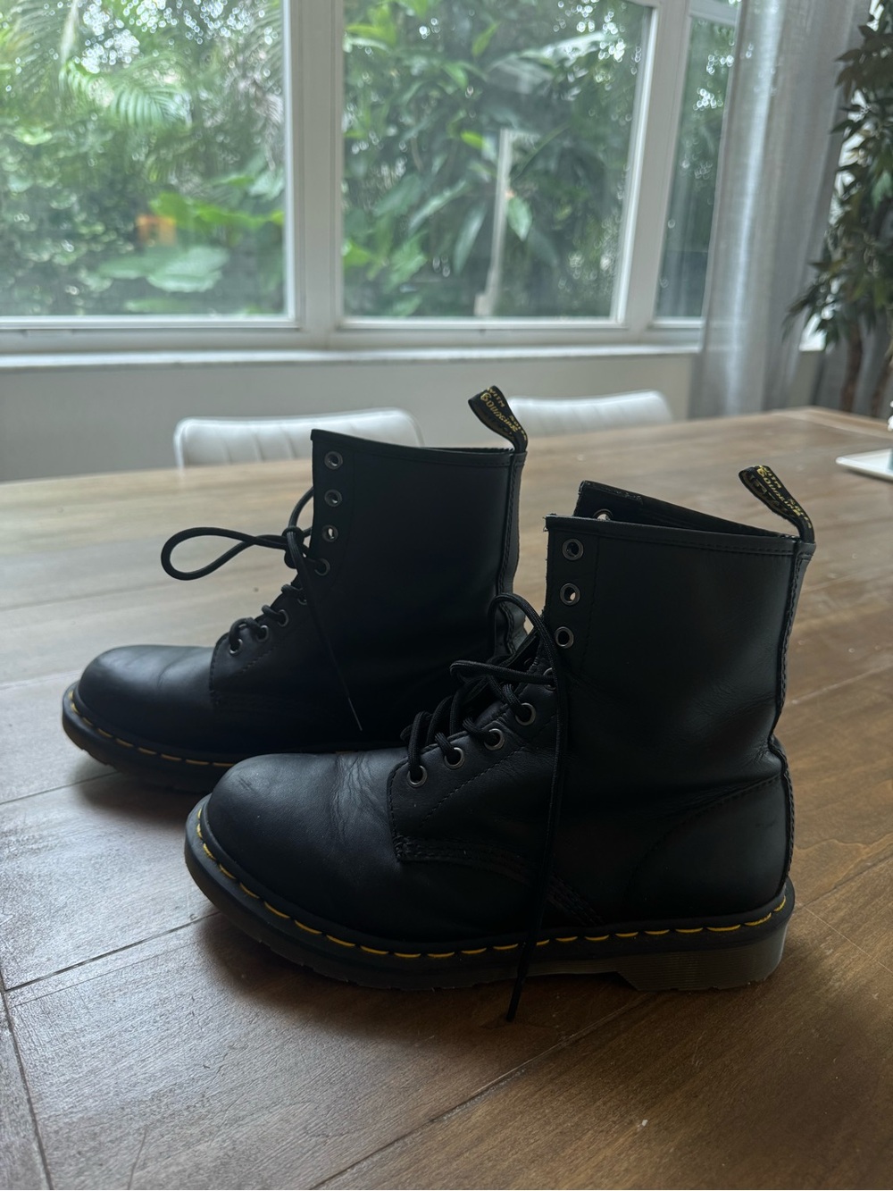 Dr. Martens Black Leather Lace-Up Combat Boots with Yellow Stitching